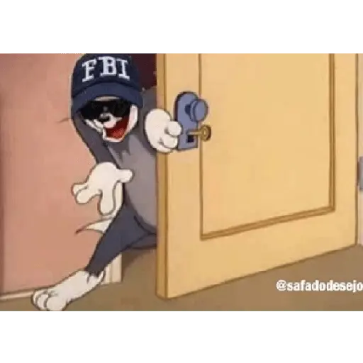 Tom, personagem de desenho animado, usando um boné do FBI e entrando por uma porta. Texto visível: 'safadodesejo'. (figurinha whatsapp)